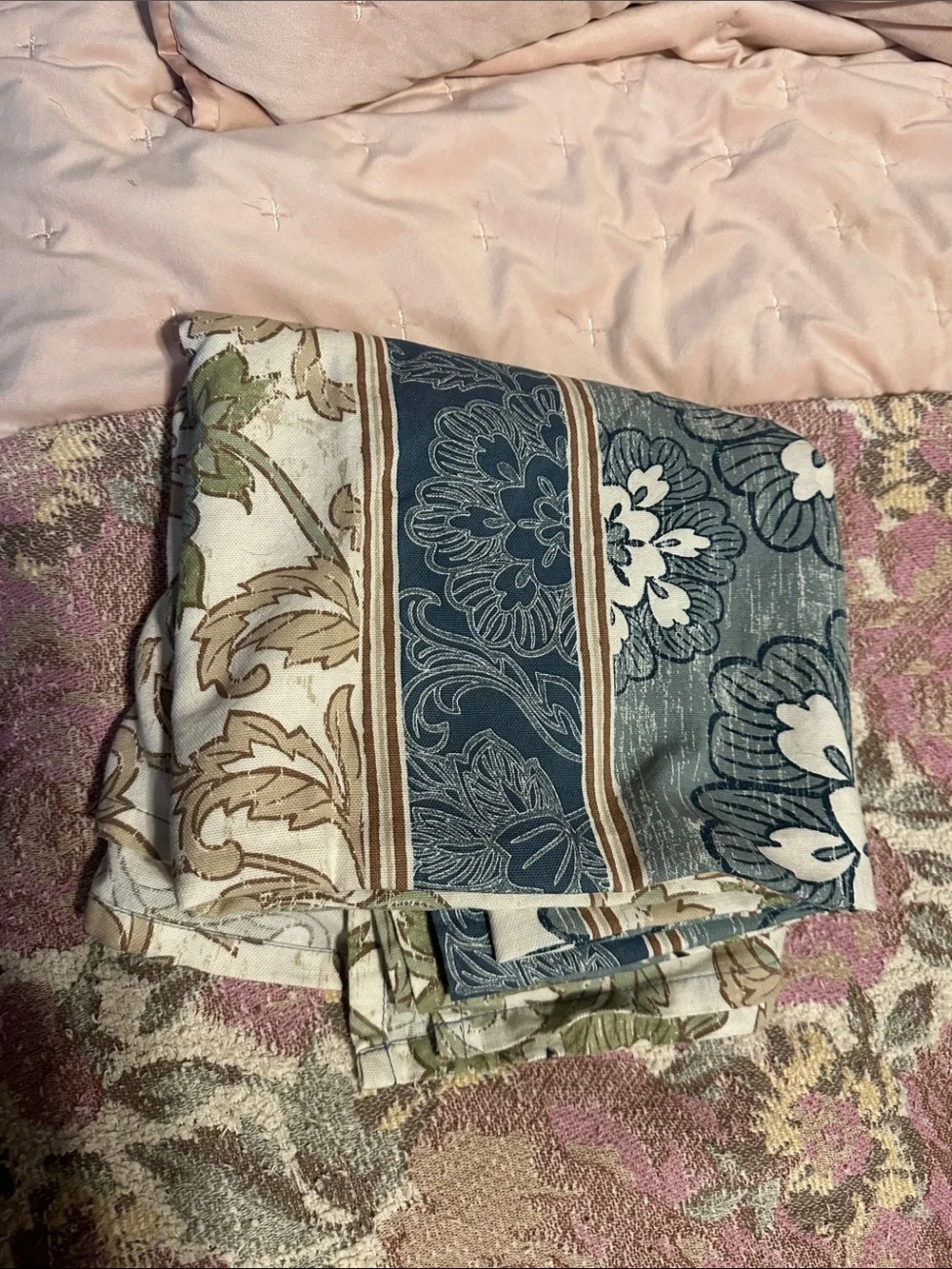 Linden Street Studio Floral Stripe Shower Curtain in Blue, Cream & Brown